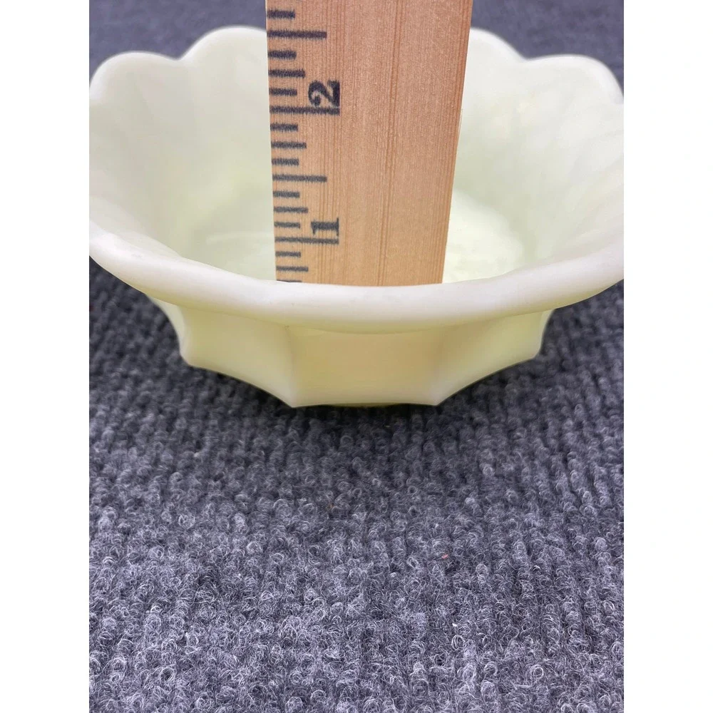 Vintage Uranium Custard Glass Scalloped Bowl Grape Pattern UV Glow 4.5 Inch